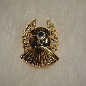 Brooch Pin of Gold Angel with Rhinestone Center